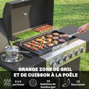 Barbecue à gaz  6+1 brûleurs thermomètre intégré - chariot portable avec roues - métal - noir