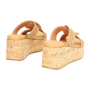 Zapatillas plataforma mujer color coñac en rafia