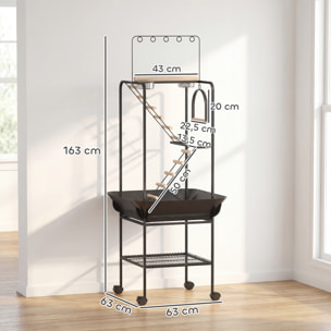 Parque de Juegos para Pájaros, Soporte para Pájaros con Ruedas, Escaleras, Columpio, Protector de Semillas, Bandeja, Comederos, Perchas, Gancho, Estante, para Periquitos Cacatúas, 63x63x163 cm