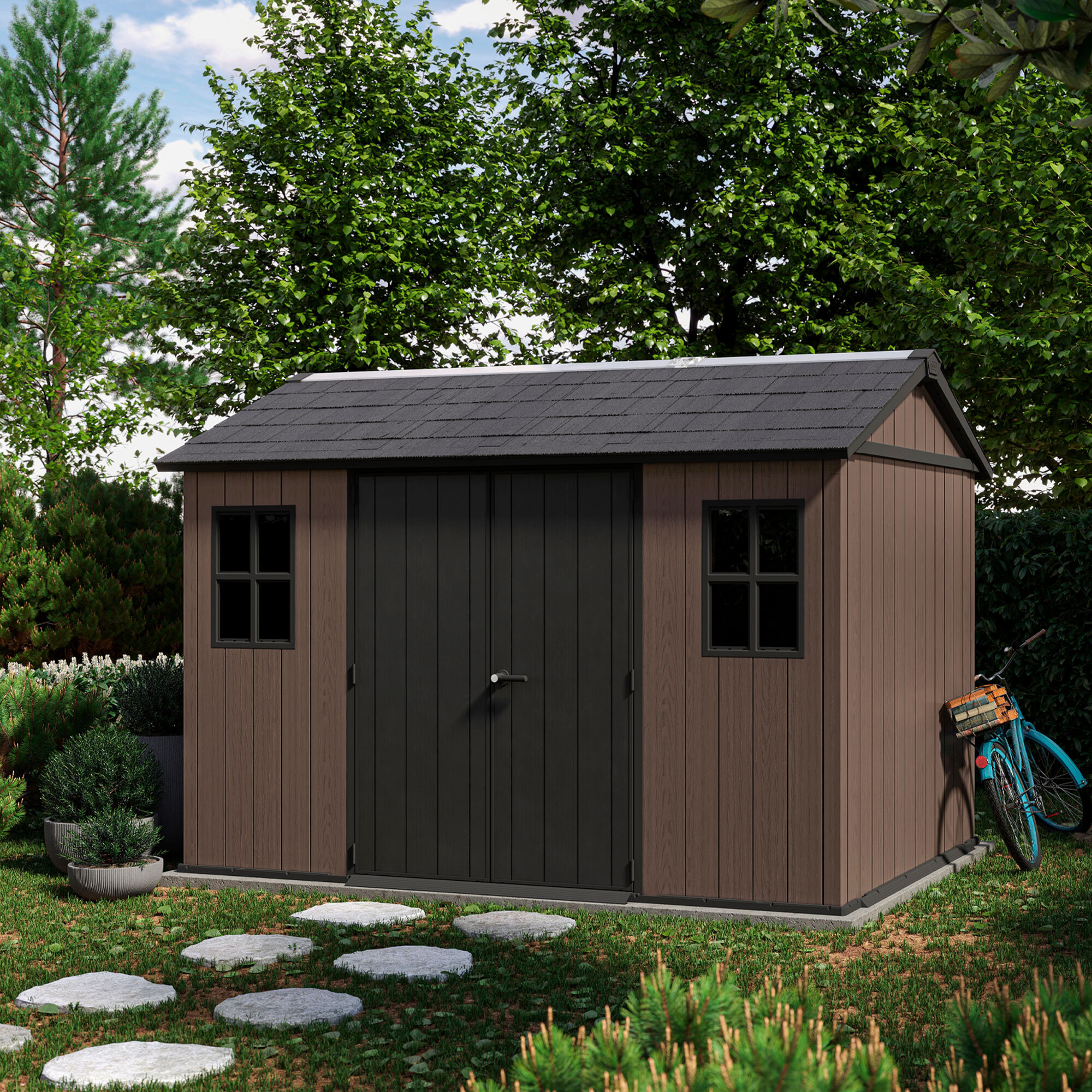 Newton + 7511/1175 - Casetta da Giardino 350x246x230 cm 2 Ante per deposito attrezzi finitura effetto legno Evotech+ in Resina Marrone e Nero