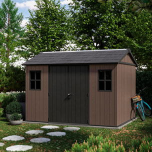 Newton + 7511/1175 - Casetta da Giardino 350x246x230 cm 2 Ante per deposito attrezzi finitura effetto legno Evotech+ in Resina Marrone e Nero