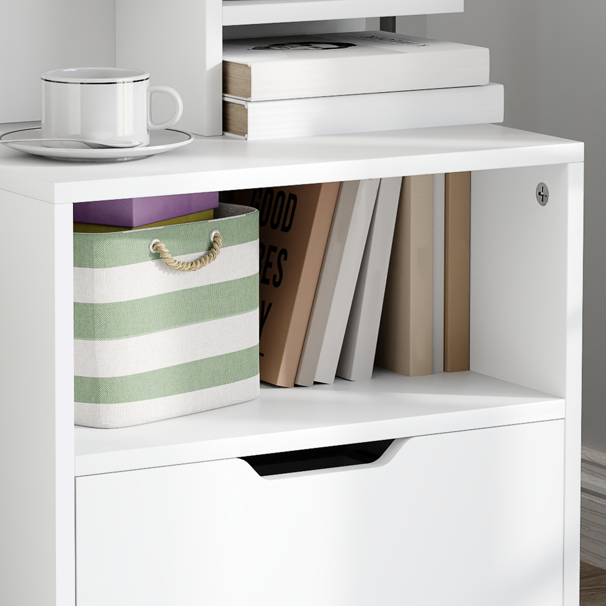 Chevet table de nuit multi-rangement tiroir niche plateau 2 étagères aspect bois blanc
