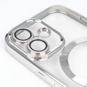 Carcasa transparente con cámara cubierta, bordes plateados, antichoque y antihuellas. Magsafe para iPhone 16.