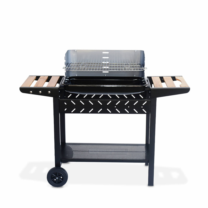 Barbecue au charbon - Alfred - Noir et gris. hauteur de grille ajustable. cuve émaillée. tablettes en bois. étagère et crochets