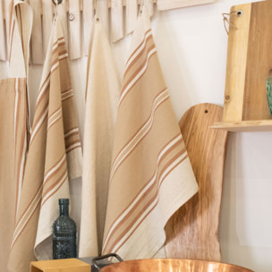 Torchon en coton et lin à rayures - Marron Brun