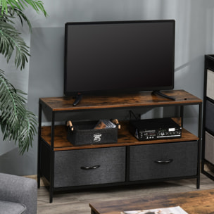 Meuble TV bas sur pieds style industriel 2 tiroirs tissu gris acier MDF noir bois vieilli