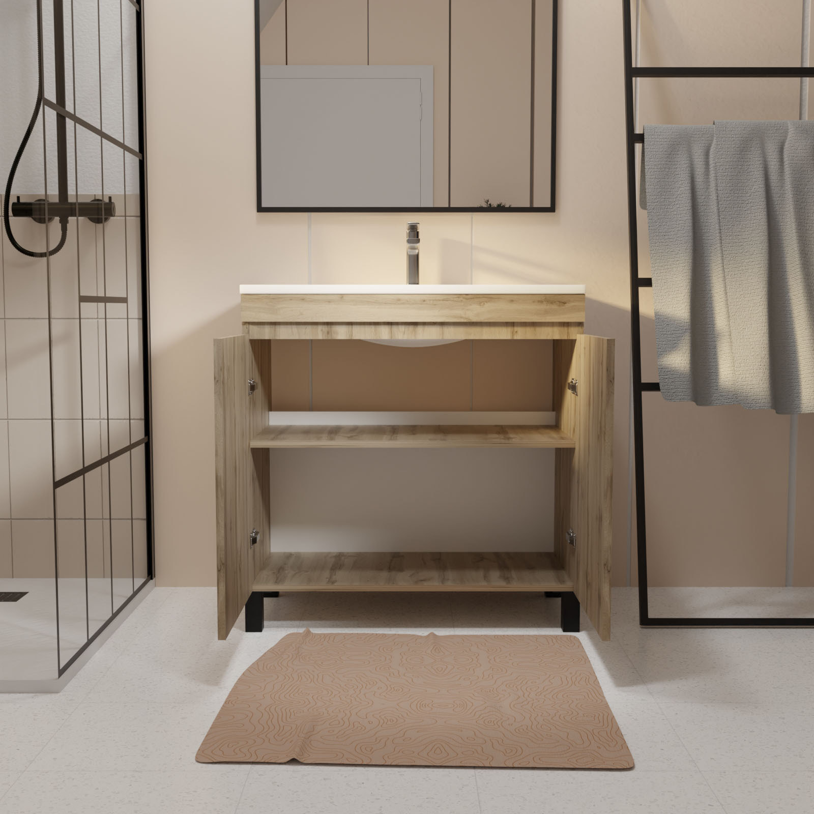 Meuble de salle de bains 60 cm TIMBER - Décor Chêne Naturel à portes avec Vasque céramique blanche