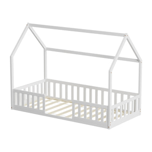 Lit Cabane Nid enchanté 90 x 190 cm, Blanc, Bois de Pin naturel, Barrières latérales de sécurité, Favorise l'imagination