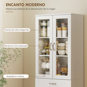 Alacena de Cocina, Mueble Auxiliar de Cocina con Puertas de Vidrio, Cajón, Estantes Ajustables, para Comedor, Salón, Blanco, 60x35x180 cm