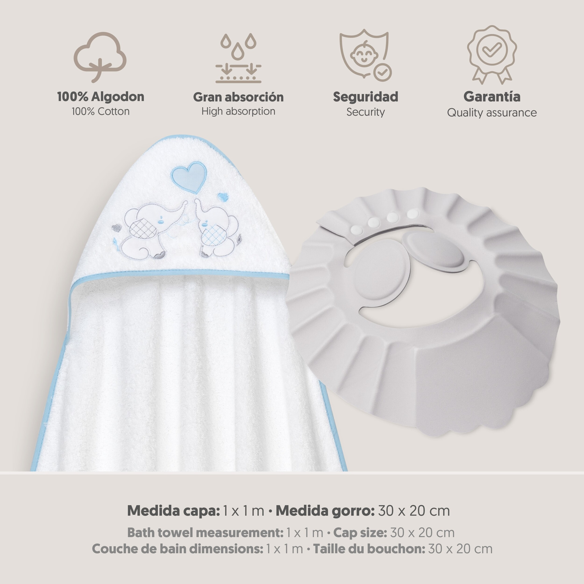 Capa Baño 1X1 Mod Parejita Elefante+Gorro Bco/Azul