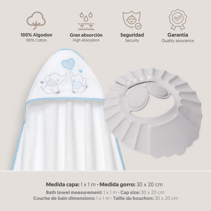 Capa Baño 1X1 Mod Parejita Elefante+Gorro Bco/Azul