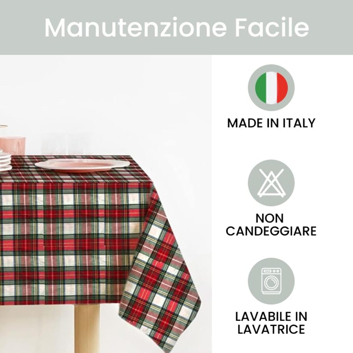 Runner natalizio rettangolare in cotone tartan con lurex, elegante decorazione per tavola delle feste, design scozzese raffinato e luminoso, resistente e pratico, facile da lavare, ideale per pranzi e cene natalizie, Made in Italy
