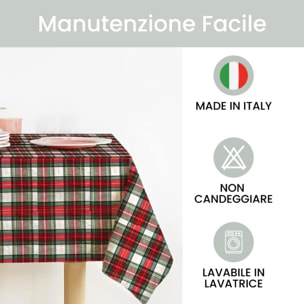 Runner natalizio rettangolare in cotone tartan con lurex, elegante decorazione per tavola delle feste, design scozzese raffinato e luminoso, resistente e pratico, facile da lavare, ideale per pranzi e cene natalizie, Made in Italy