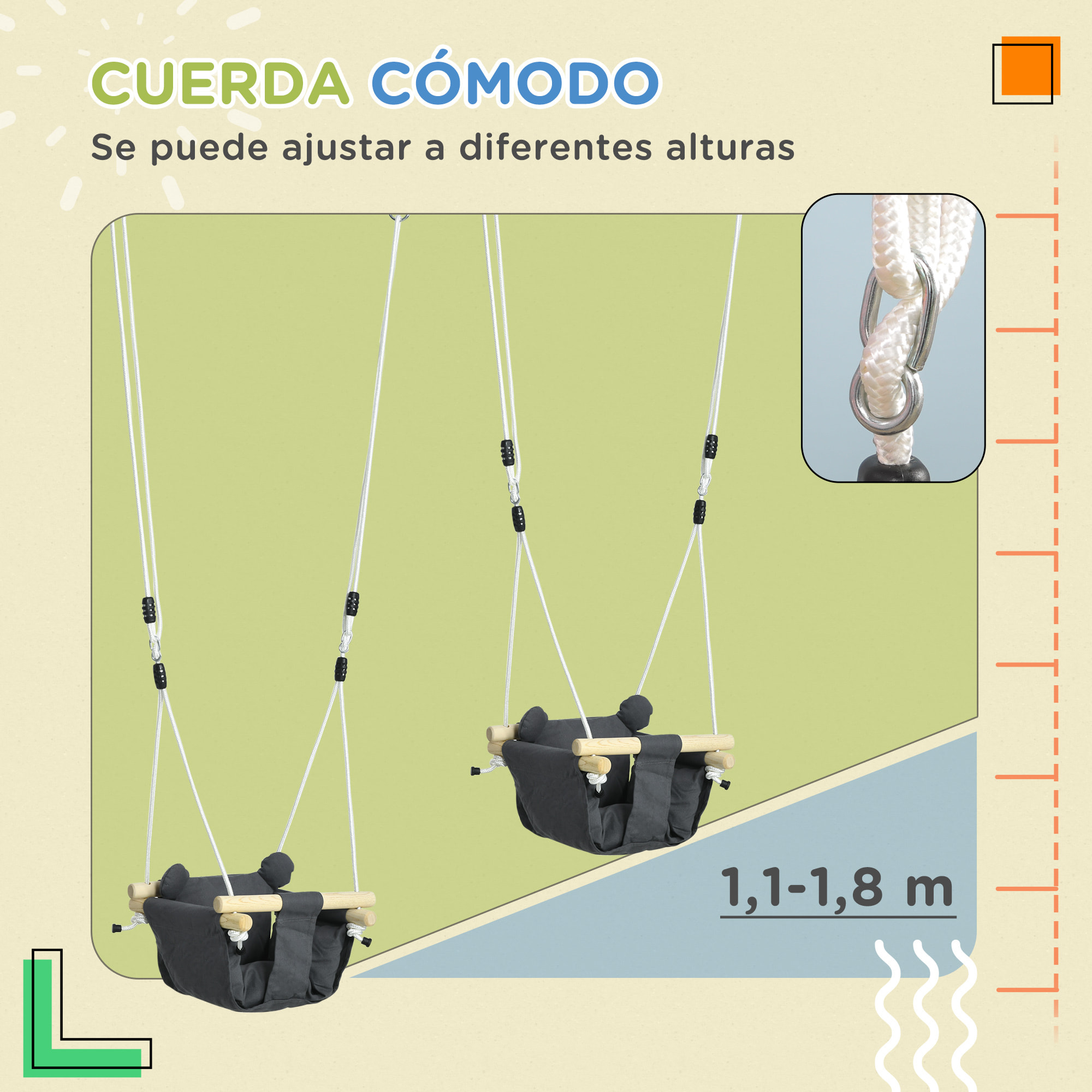 Columpio para Bebés de 9-36 Meses con Cuerdas Ajustables Columpio Infantil con Cinturón de Seguridad y Asiento Acolchado Carga 70 kg para Interiores y Exteriores 40x40x110-180 cm Gris Oscuro