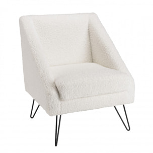 ALBANE - Fauteuil tissu bouclette blanc pieds épingles métal noir