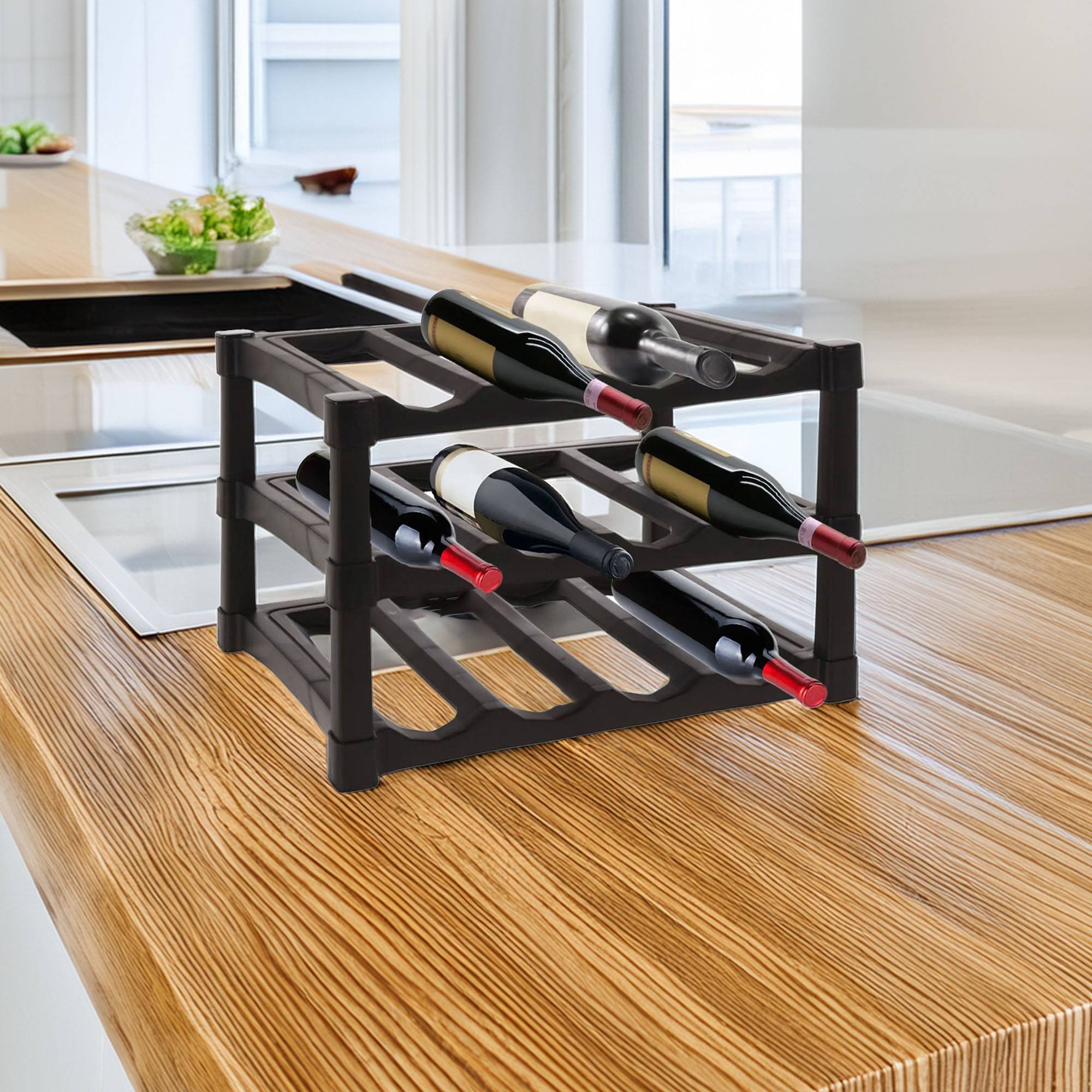 Botellero de 3 Capas Apilables de PP en Color Negro para 12 Botellas - 39x30xH25cm