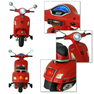 Scooter moto électrique enfants 6 V dim. 102L x 51l x 76H cm musique MP3 port USB klaxon phare feu AR rouge Vespa