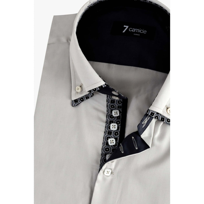 Camicia Uomo 2 Bottoni Button Down 7bottoni Doppio Coll Satin Unito Grigio
