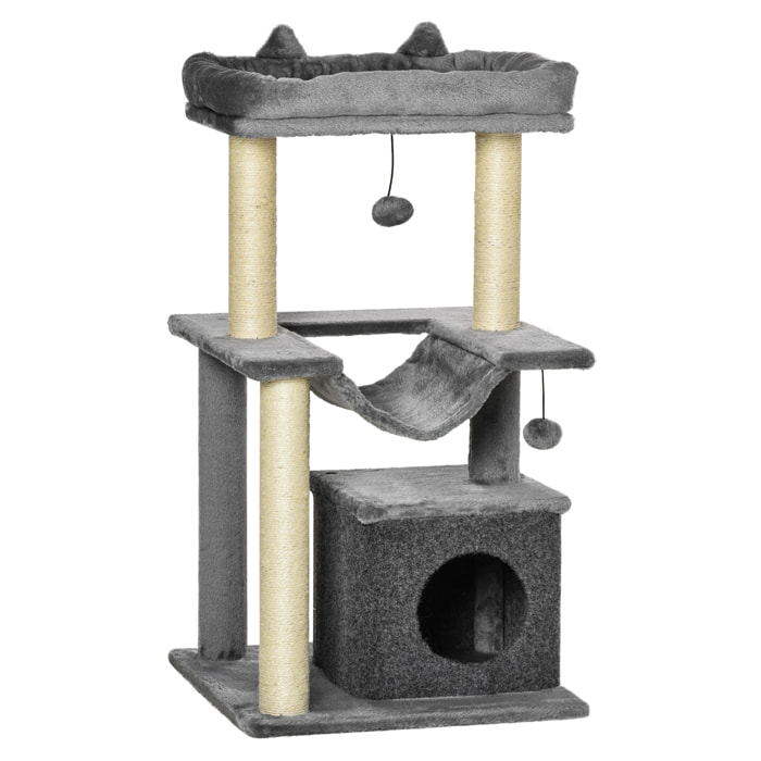 Arbre à chat H.90cm - griffoirs, plateforme d'observation, niche, hamac, boules suspendues - gris
