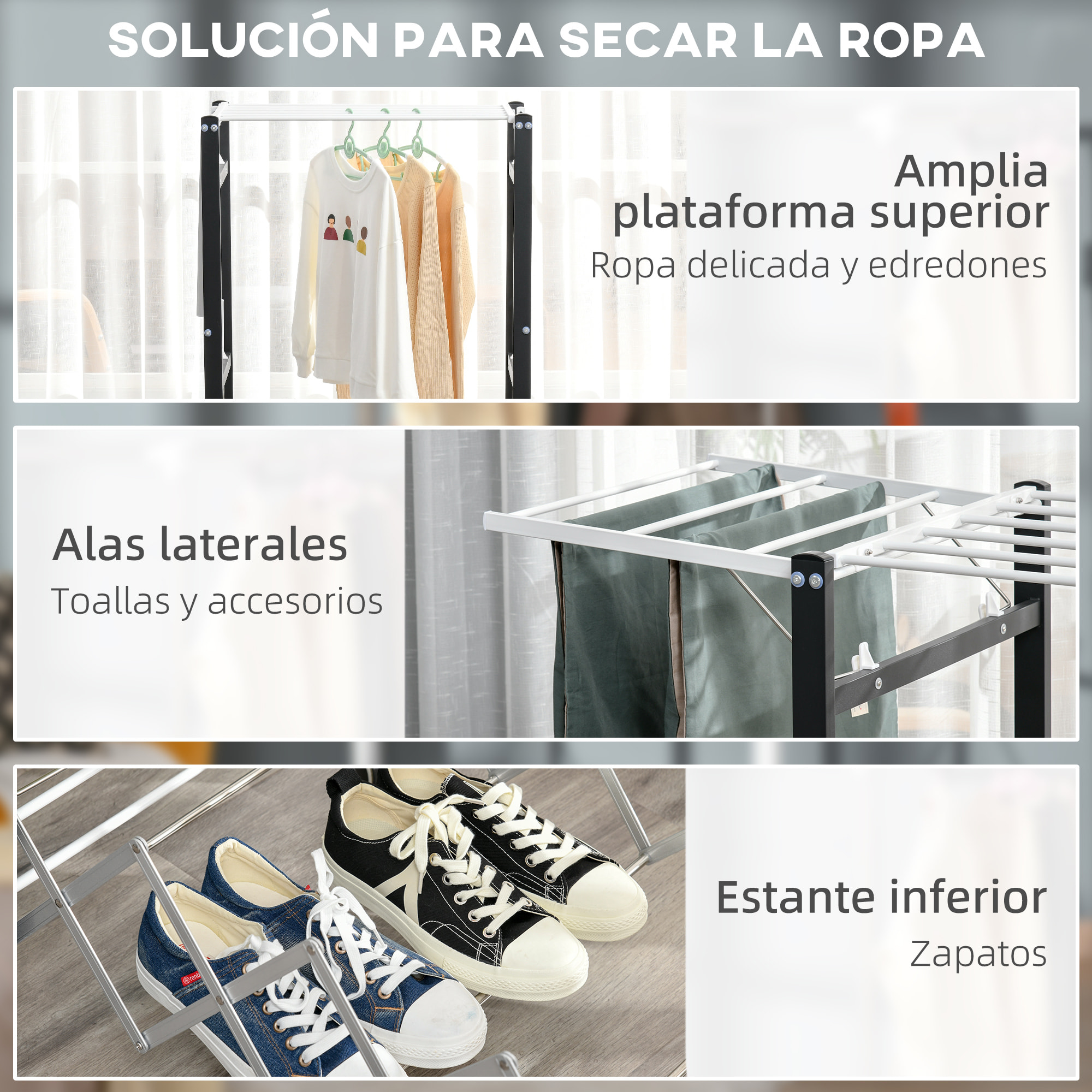 Tendedero de Ropa Plegable Tendedor de Aluminio Móvil con 4 Alas Laterales y Estante para Zapatos 4 Ruedas con Frenos para Interior y Exterior 157,5x54x101 cm Blanco