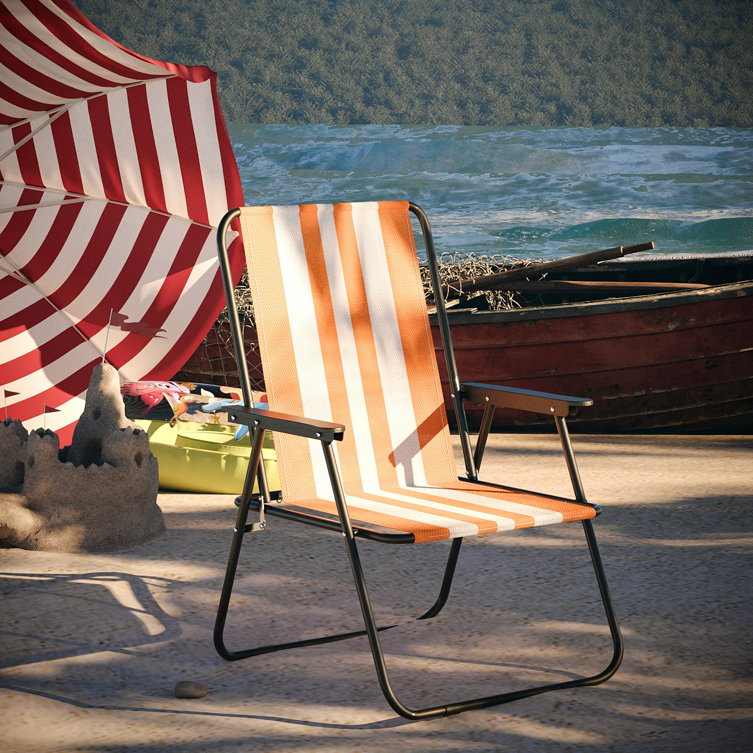Sedia Pieghevole Da Spiaggia Campeggio Camping Leggera E Resistente In Metallo In Tessuto Oxford 600D Con Braccioli Seggiola Strisce Arancione
