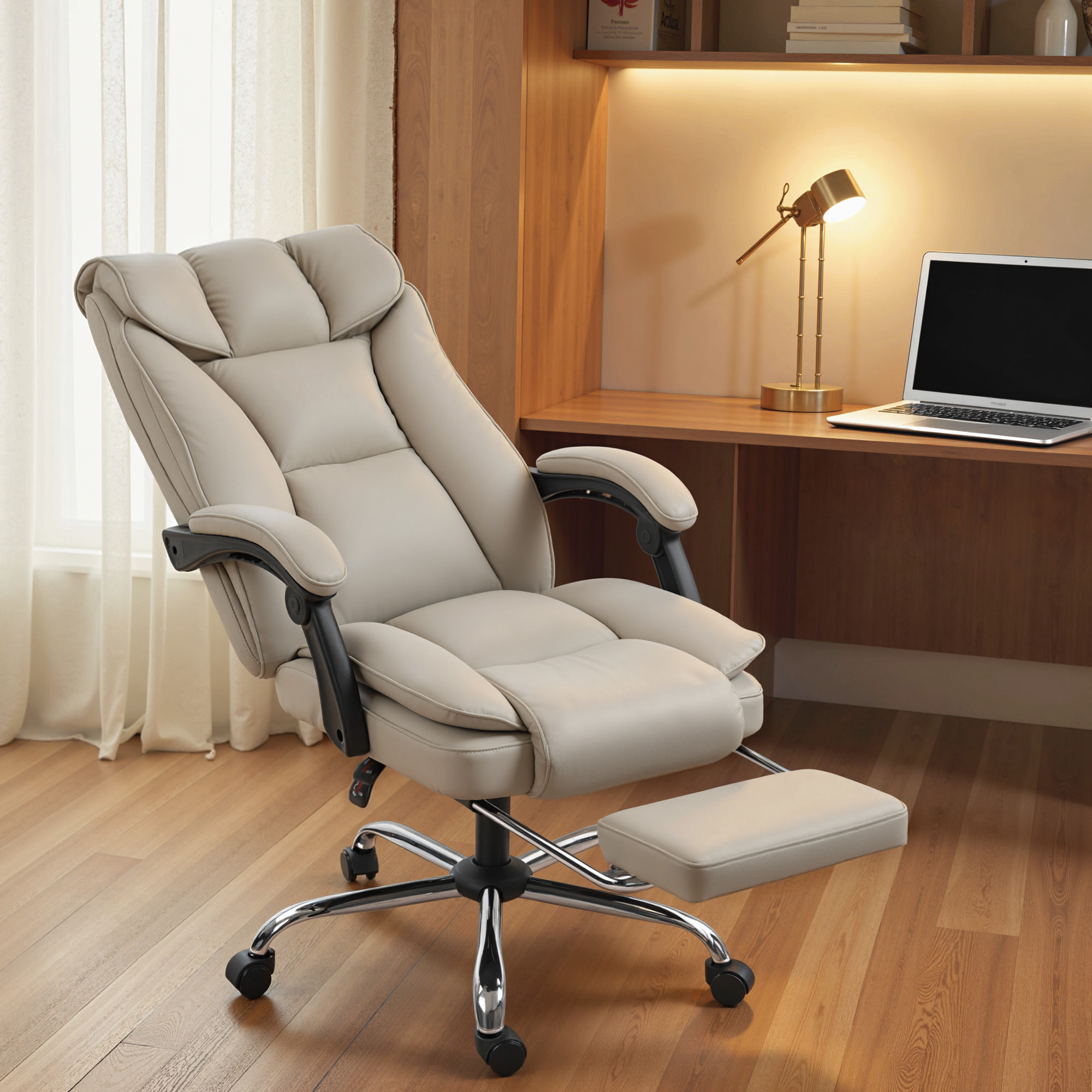Silla de Escritorio con Reposapiés, Silla de Oficina Giratoria, con Respaldo Reclinable y Alto, Acolchado Grueso Doble, Tapizada en Cuero Sintético Resistente, Altura Ajustable, Caqui