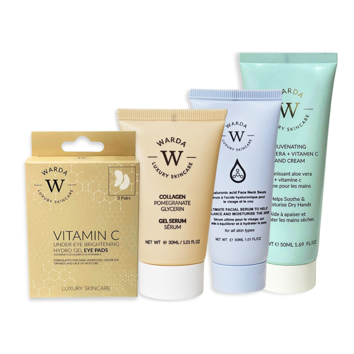 GEL HIDRATANTE ILUMINADOR DE CONTORNO DE OJOS CON VITAMINA C + Suero para rostro y cuello con ácido hialurónico 30 ml + Aloe vera rejuvenecedor + Crema de manos con vitamina C 50 ml