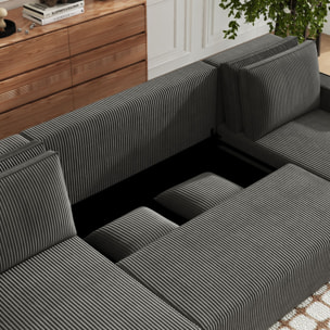 LUBEC Canapé panoramique convertible 6 places avec coffre en velours côtelé gris anthracite