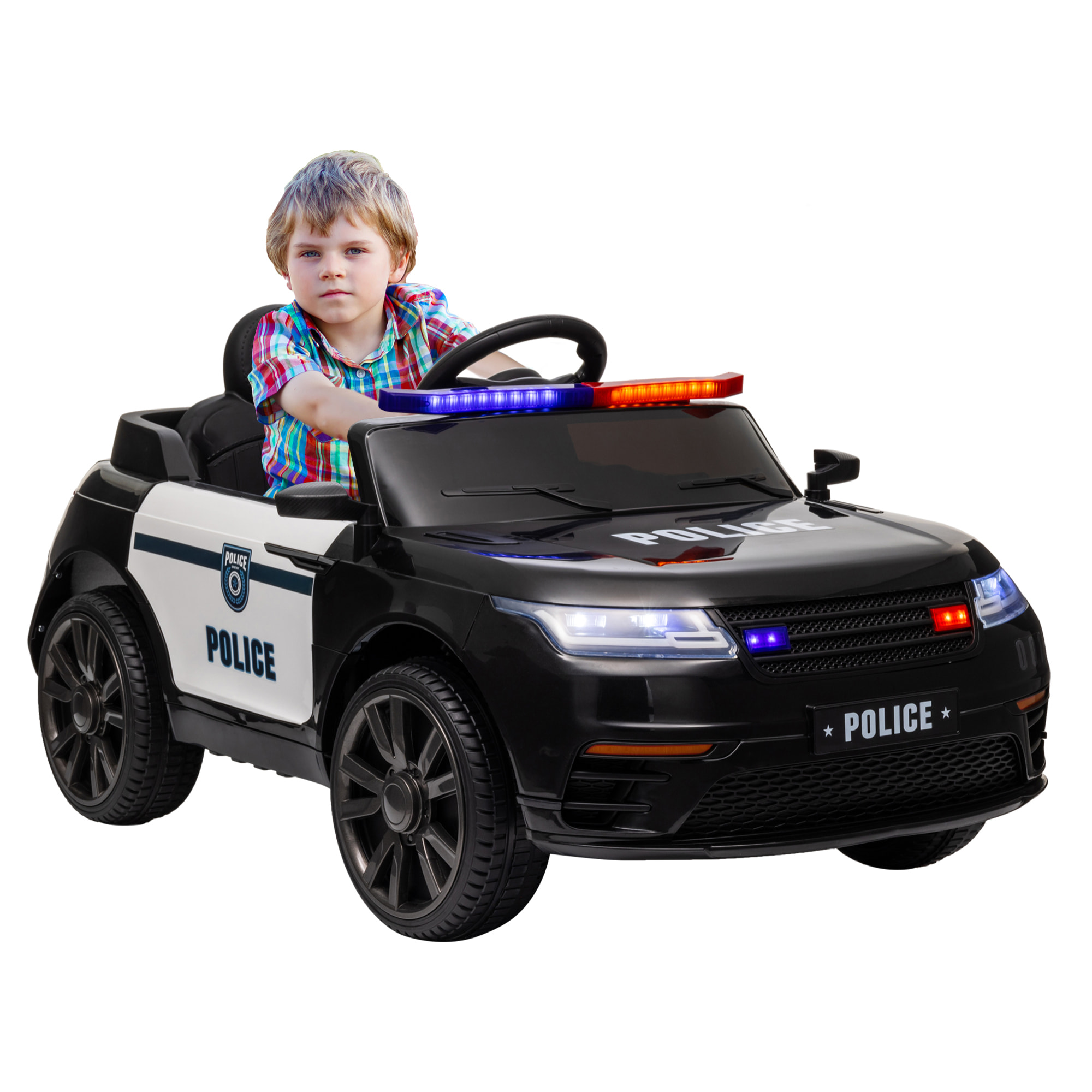 Coche Eléctrico para Niños de +3 Años Carro Eléctrico Infantil de Policía con Batería 12V Mando a Distancia Faros Bocina Sirena Música y Rueda de Entrenamiento Negro