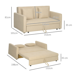 Sofá Cama de 2 Plazas Sofá Cama Tapizado en Poli Algodón con 2 Cojines Desmontables y Espacio de Almacenamiento Sofá Doble para Salón Oficina 152x101x81 cm Beige