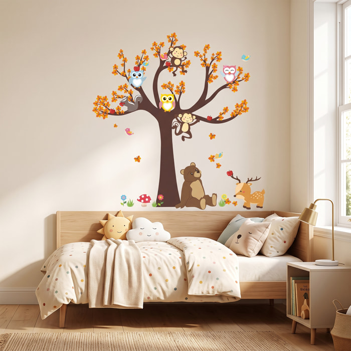 Stickers Muraux décoration adhésifs arbre géant avec hibou, singe et ours