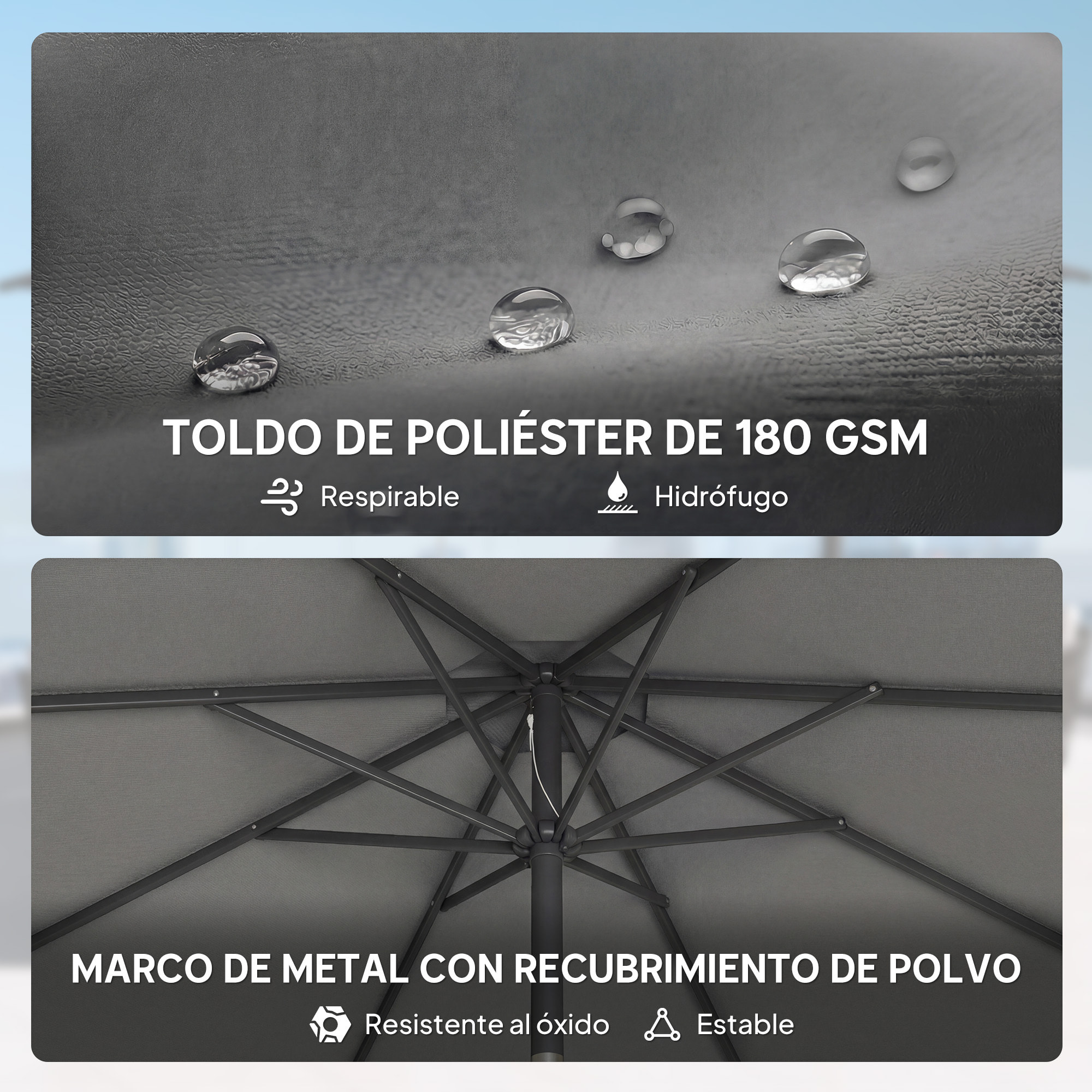 Sombrilla Terraza Exterior, 3x3 m, Sombrilla de Jardín con Base, Bolsa de Arena, Manivela, Inclinación Ajustable, Costillas Retráctiles, Parasol para Patio, Terraza, Gris Oscuro