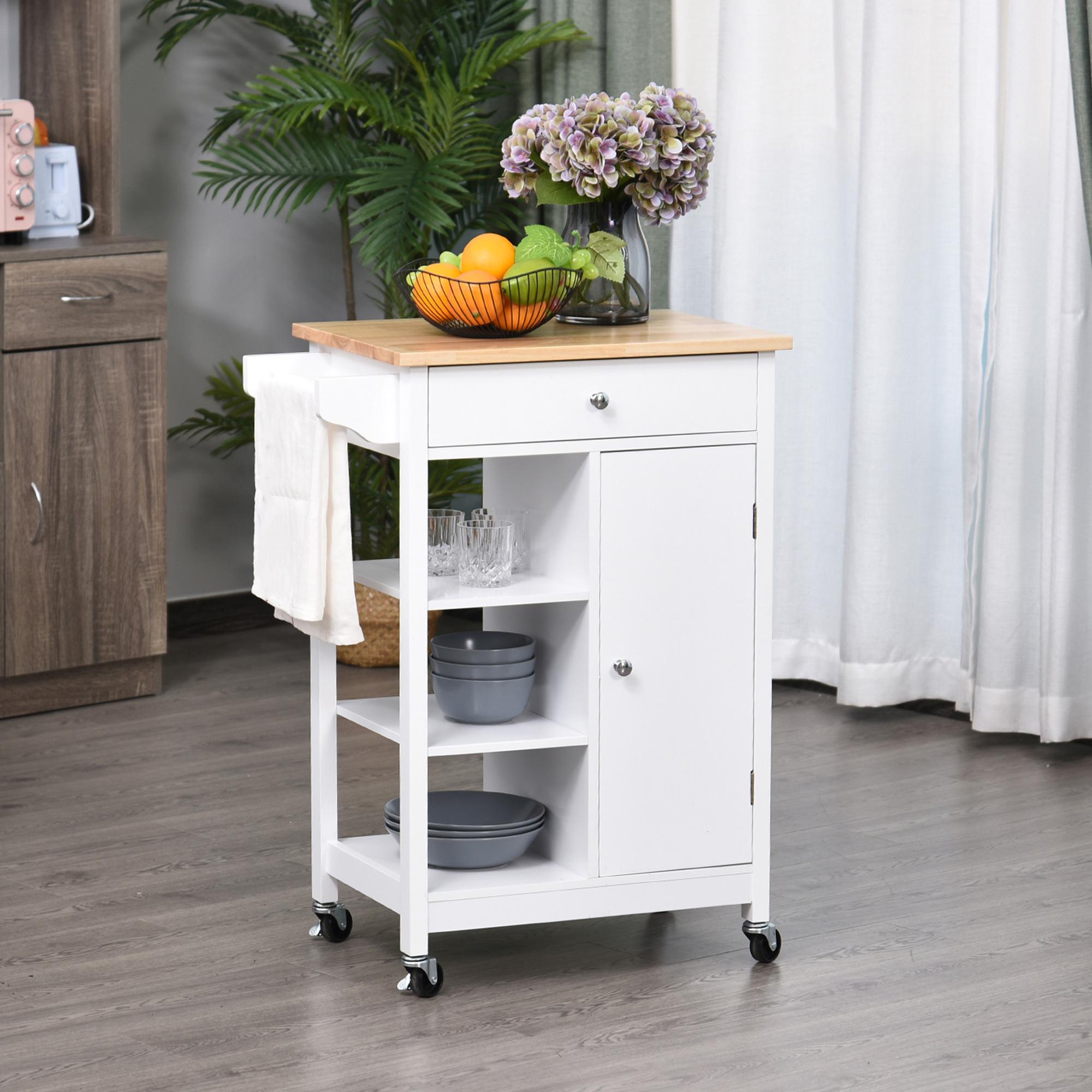 Carrito de Cocina con Cajón de Madera 66x39,5x86,5cm Blanco