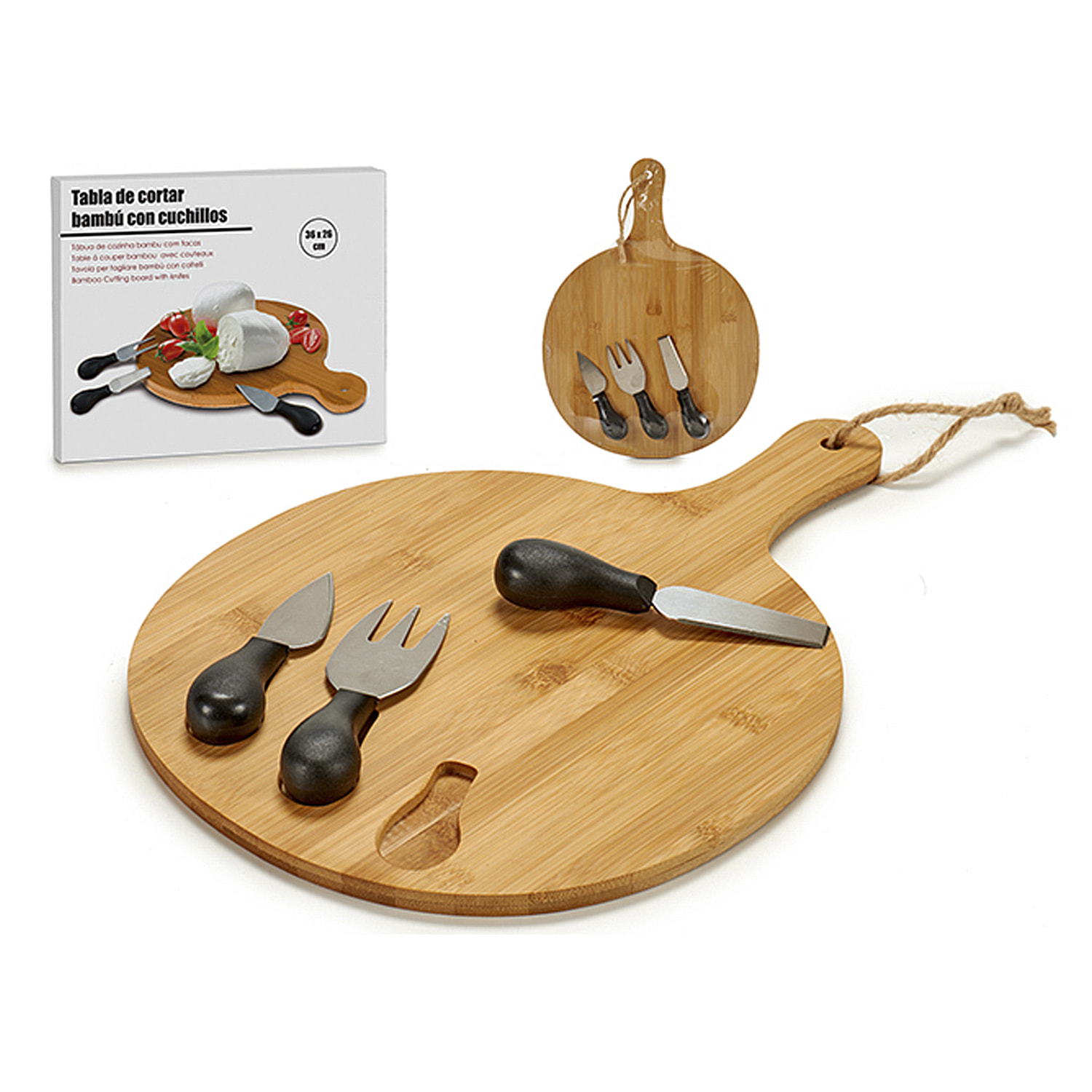 Tagliere per formaggio con manico in bambù e utensili