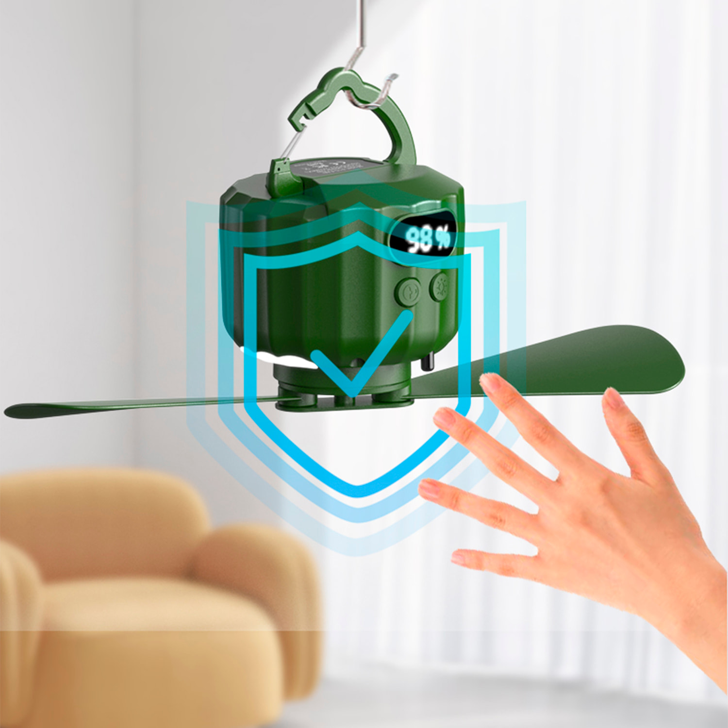 Ventilador P15 con motor sin escobillas, LED con 12 luces, 3 velocidades, 3 niveles de luz y 3 temporizadores. Incluye mando, aspas desmontables y powerbank de 10400 mAh.