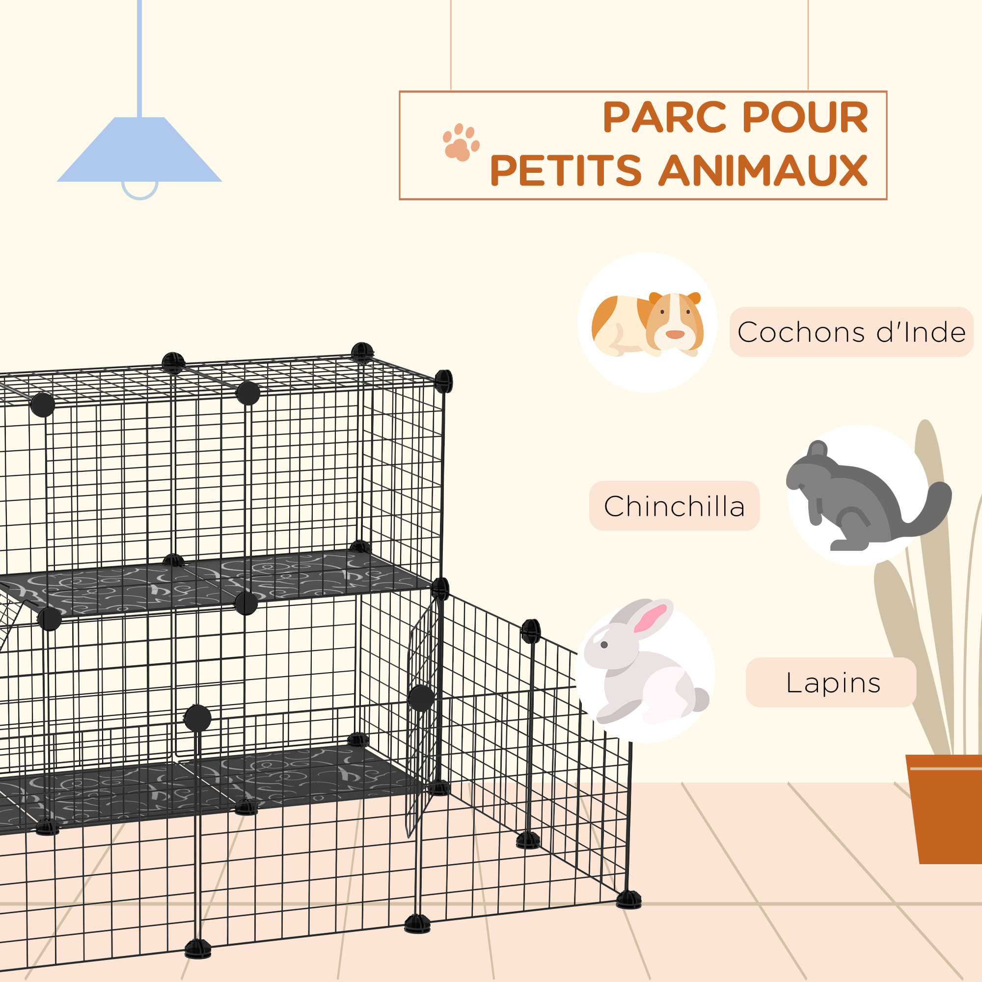 Cage parc enclos rongeurs modulable dim. L 105 x l 105 x H 70 cm 2 niveaux 2 portes rampe résine PP fil métallique noir