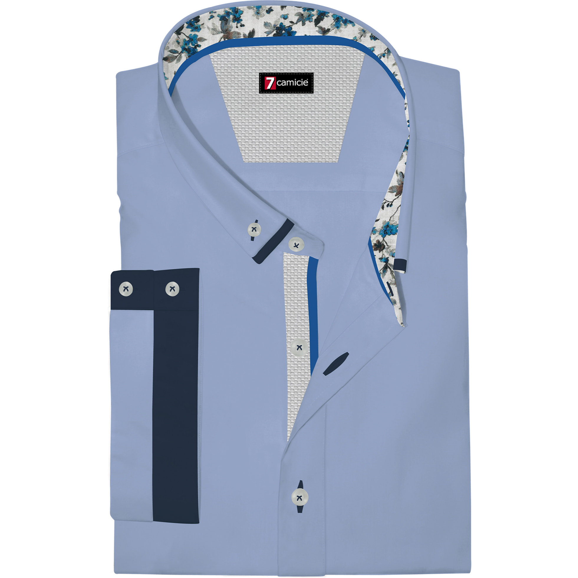camicia uomo slim 1 bottone button down doppio collo Popeline Stretch Unito Celeste