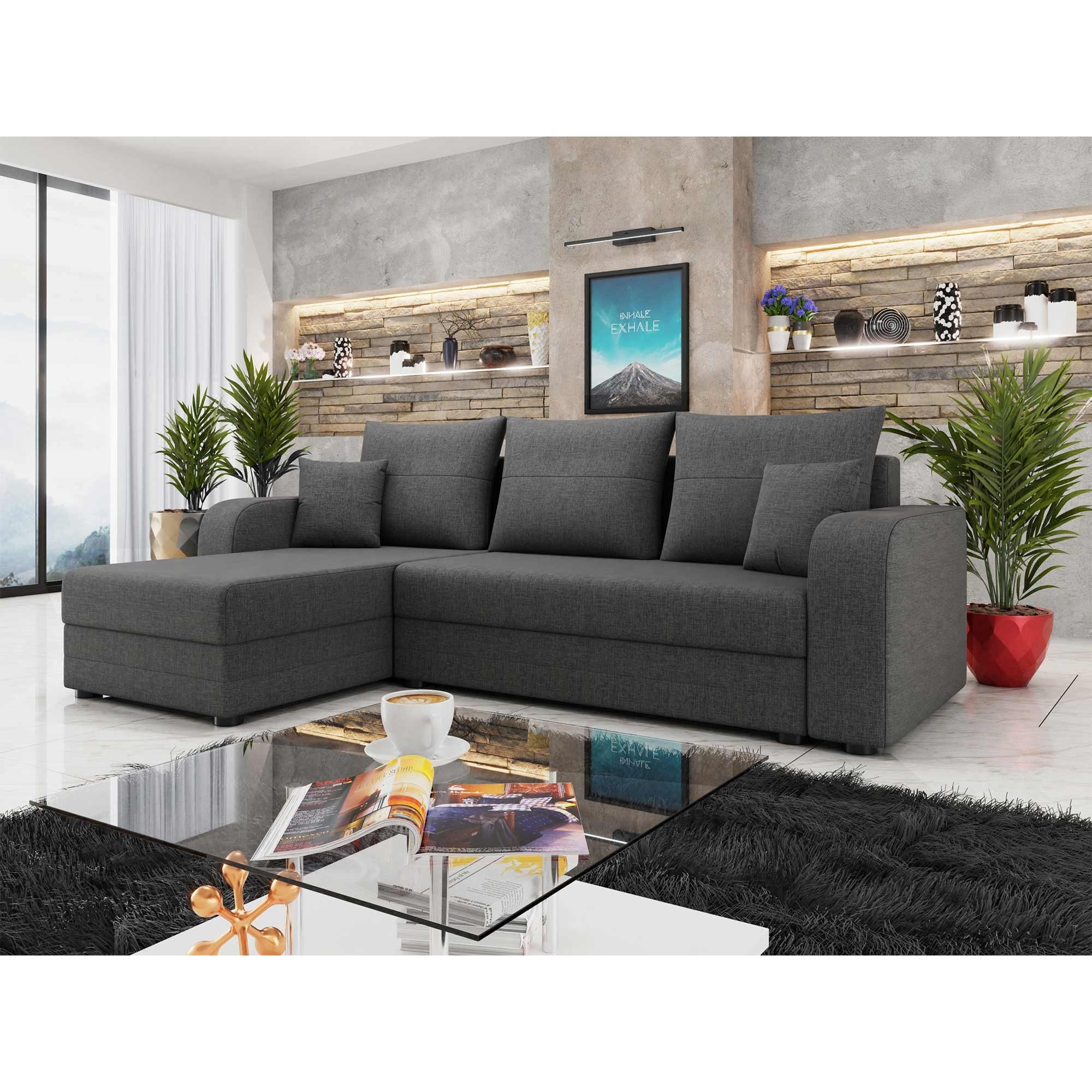 Harvey - Canapé d'angle réversible 4 places convertible avec coffre en tissu - Gris foncé
