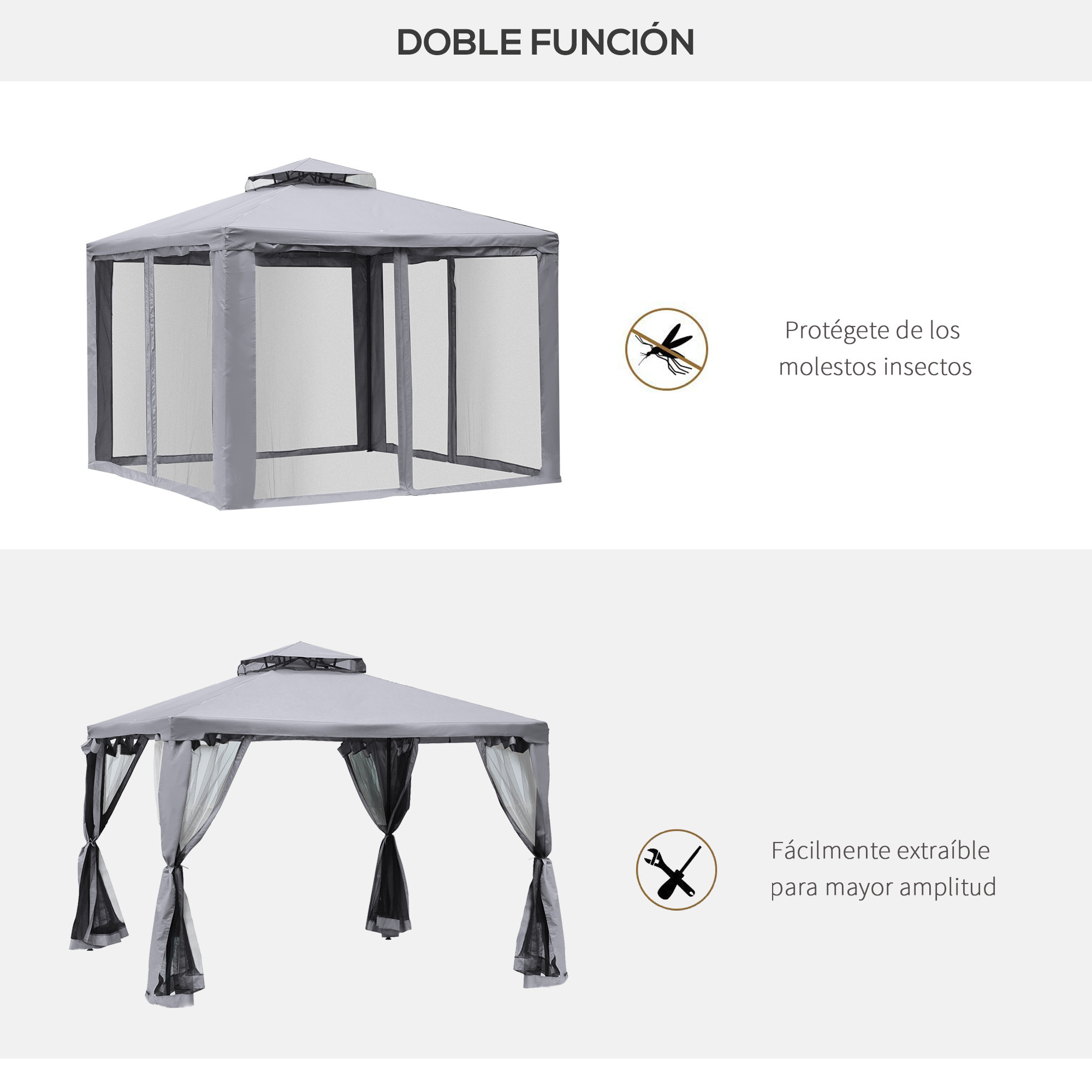 Cenador de Jardín 3x3 m Pabellón de Exterior con Doble Techo de Ventilación 4 Cortinas Mosquiteras Laterales con Cremallera 8 Orificios de Drenaje para Fiestas Patio Gris