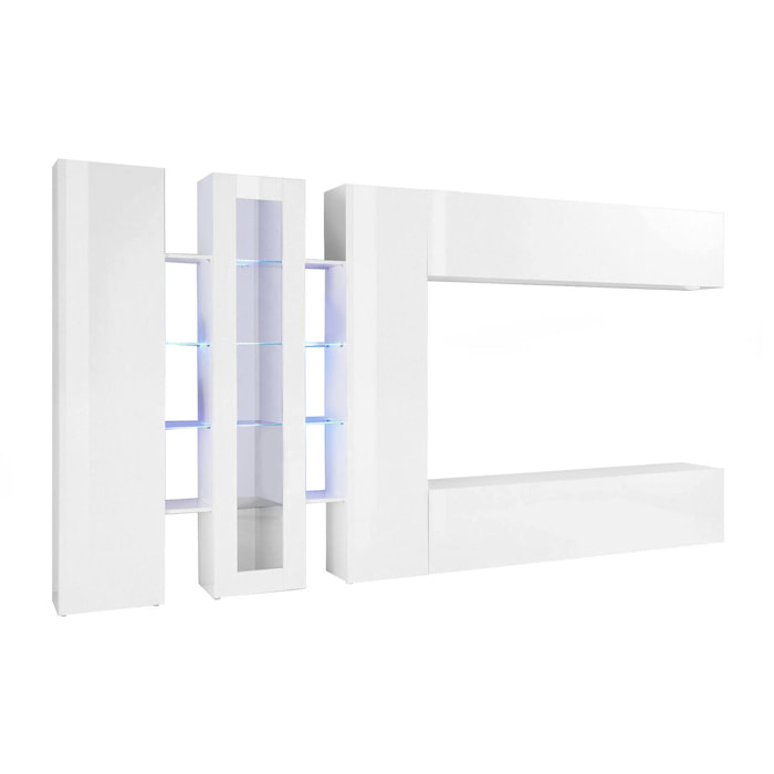 Parete attrezzata Arkan, Set salotto porta TV a 3 ante, Mobile soggiorno multiuso con luce LED, 100% Made in Italy, cm 340x30h180, Bianco lucido