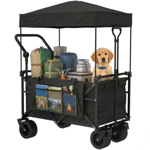 Carro Playa con Ruedas Grandes con Freno, Techo Extraíble, Carro Plegable para Jardín con Barra Ajustable, Portavasos y Bolsillos, Carga 100 kg, para Todo Terreno, Campaña, Compras, Negro
