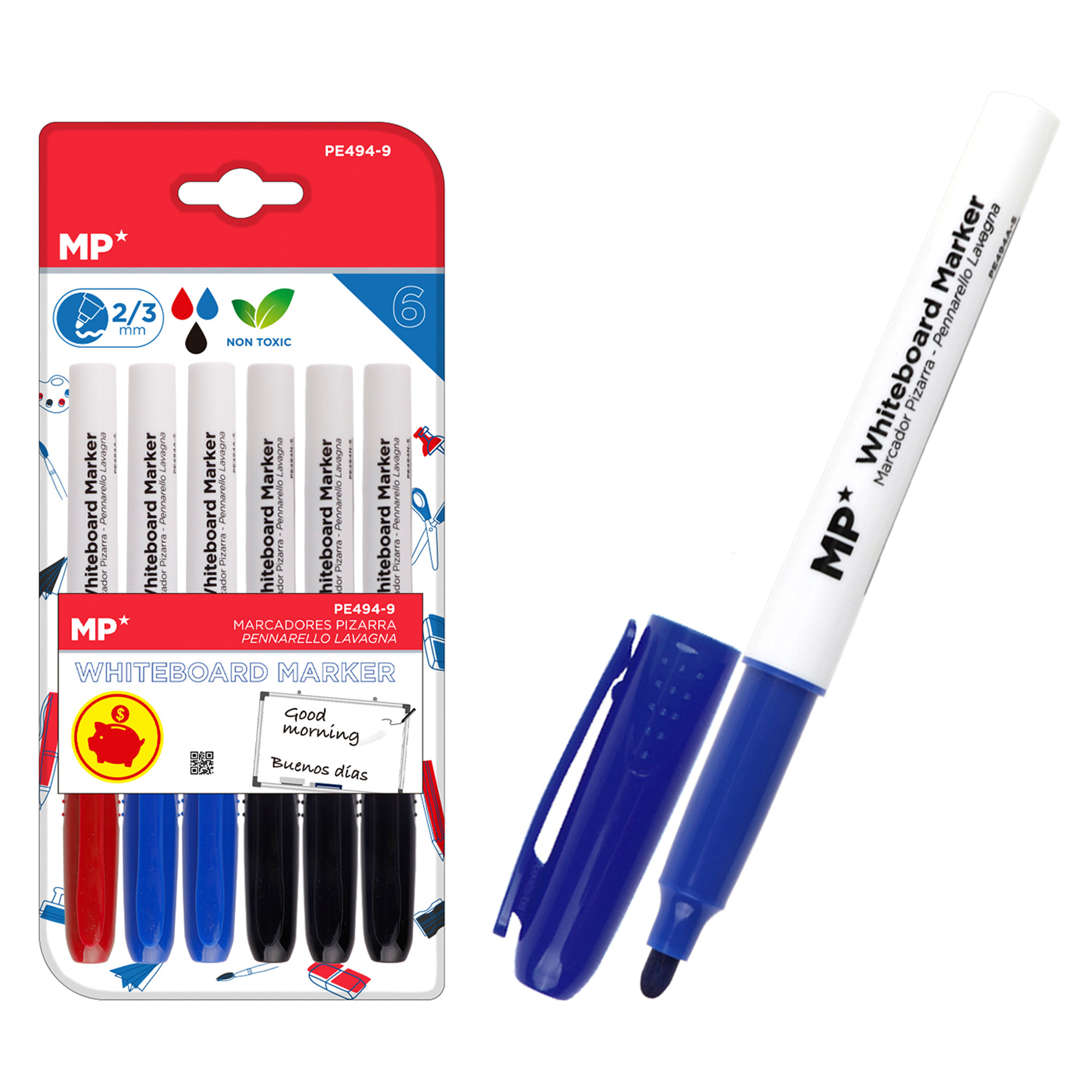 SET MARKER PER BACHECA 6 Uds. COLORI VARI. 3 neri, 2 blu e uno rosso.