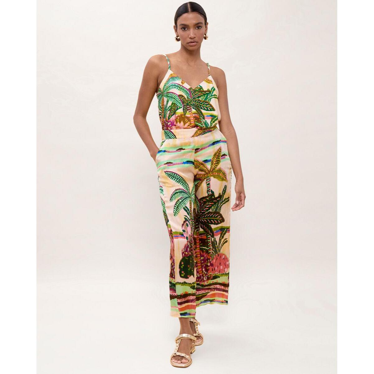 Top in pizzo con stampa di palme multicolore
