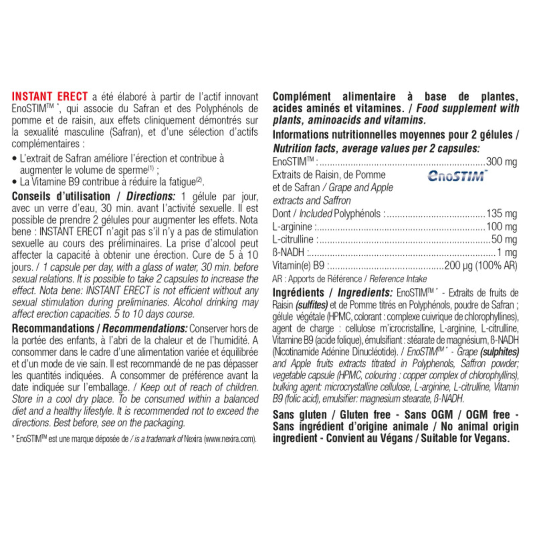 NUTRI EXPERT - Instant Erect - Améliore l'érection - Agit en 30 minutes ! Stimule le désir et soutient la vigueur - Actif innovant EnoSTIM - Résultats prouvés - Vegan - Lot de 2 produits