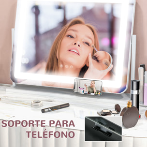 Espejo de Maquillaje con Luz Espejo de Tocador Giratorio 58x46 cm con 3 Modos de Iluminación Ajustables Interruptor Táctil Espejo de Aumento Soporte para Teléfono y Puerto USB Blanco