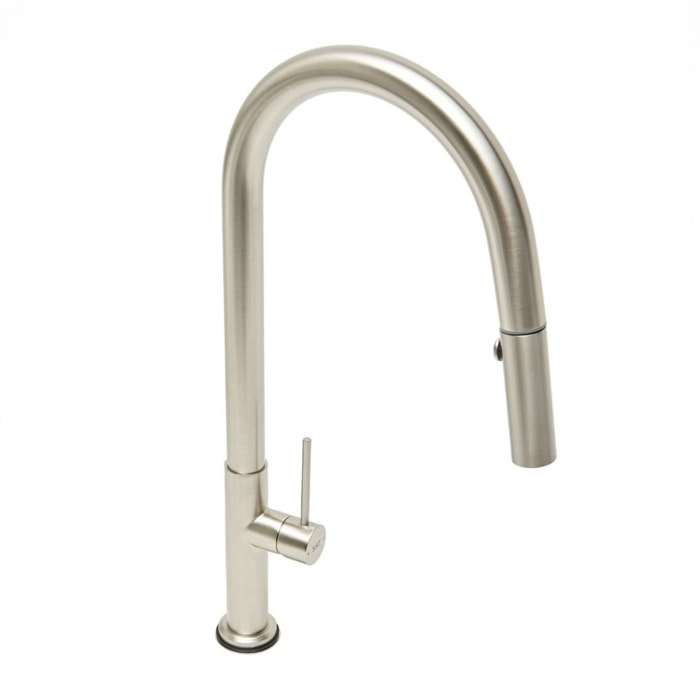 Mitigeur monocommande avec douchette extractible et bras pivotant, 2 jets, Aspect acier inox