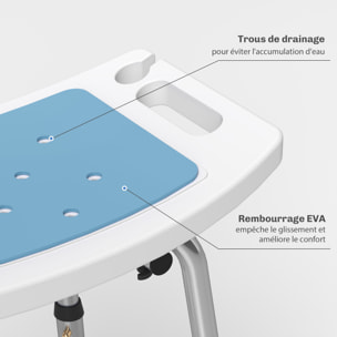 Chaise de douche siège de douche ergonomique hauteur réglable pieds antidérapants charge max. 136 Kg alu HDPE bleu