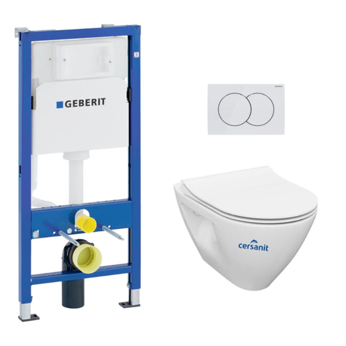 Pack WC Bâti-support Geberit 112 cm + Cuvette sans bride Cersanit + Abattant SoftClose + Plaque blanche (MILLEGEB1)