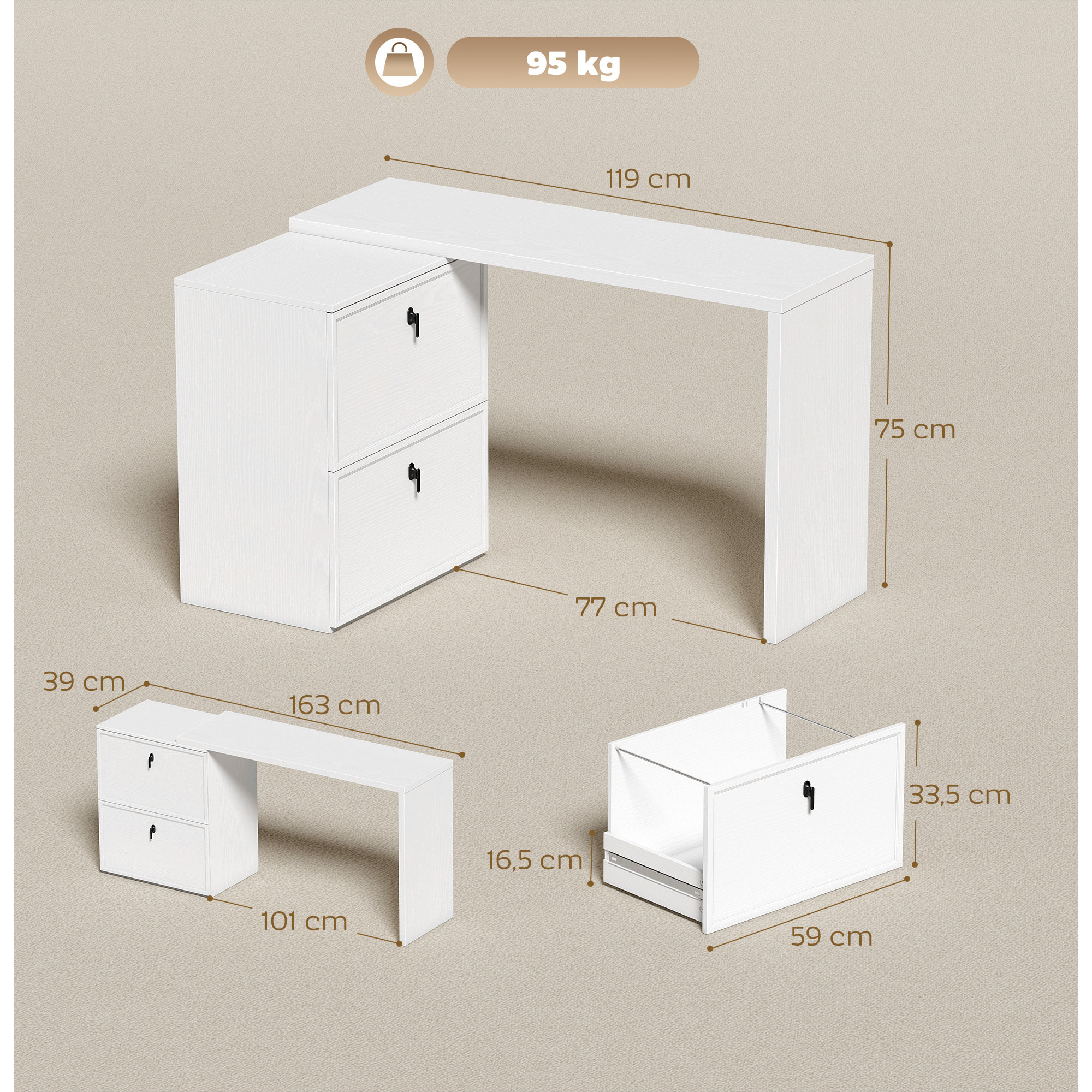 Escritorio Reversible en Forma de L, Mesa de Escritorio con 2 Cajones Archivadores, Diseño Moderno para Espacios Pequeños, Oficina en Casa, Blanco