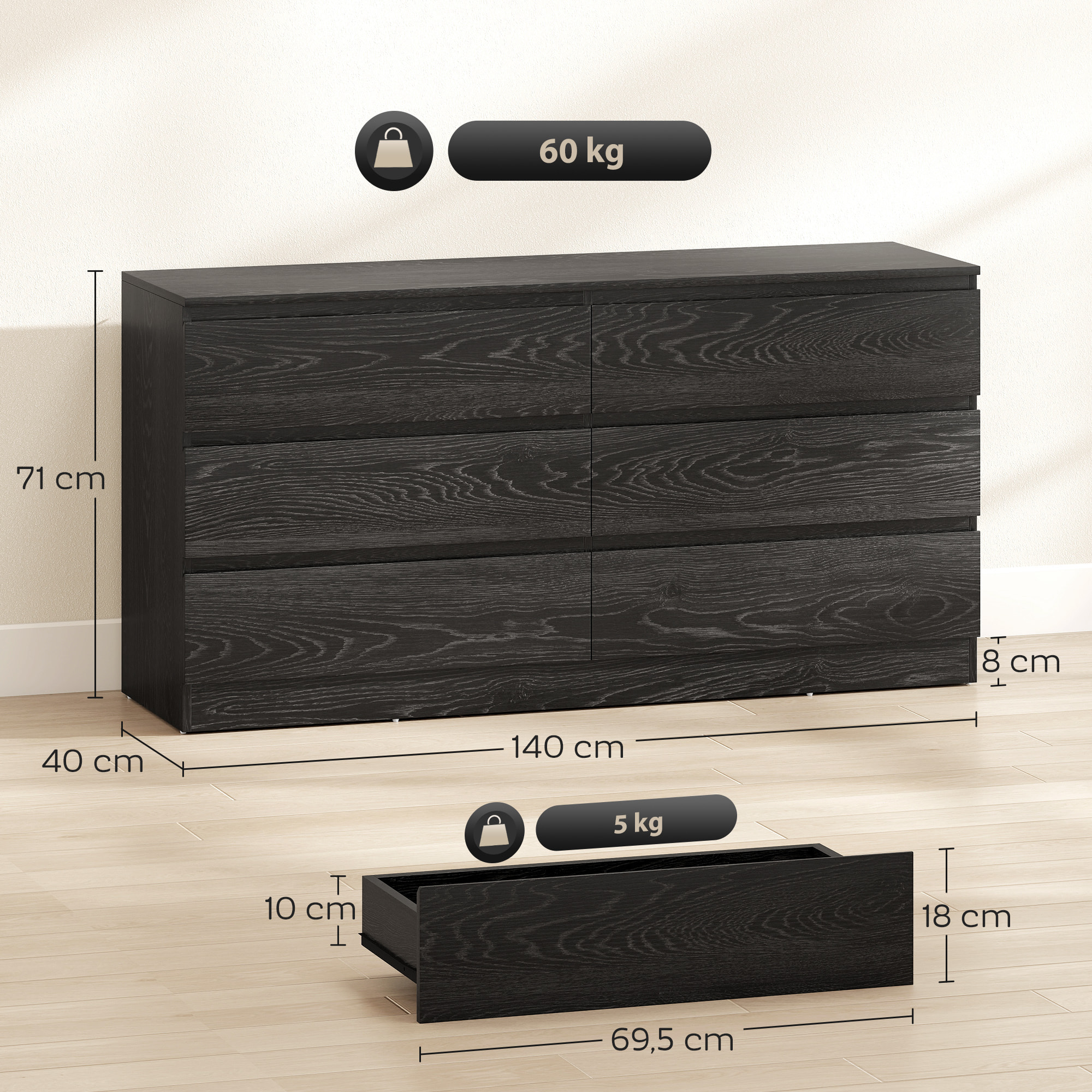 Cómoda 6 Cajones, Cómoda Dormitorio, Cajonera para Salón, Oficina, Estilo Moderno, 140x40x71 cm, Negro Veteado